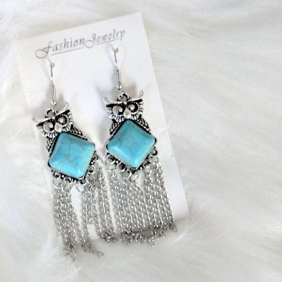 Turquoise and Silver Owl Earrings - Picture 4 of 4